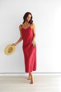 Linen Maxi Dress Summer Red Color With Wings
