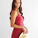 Linen Maxi Dress Summer Red Color With Wings