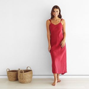 Linen Maxi Dress Summer Red Color With Wings