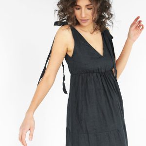 Natural Linen Dress Summer Beach Loose Black Sundress
