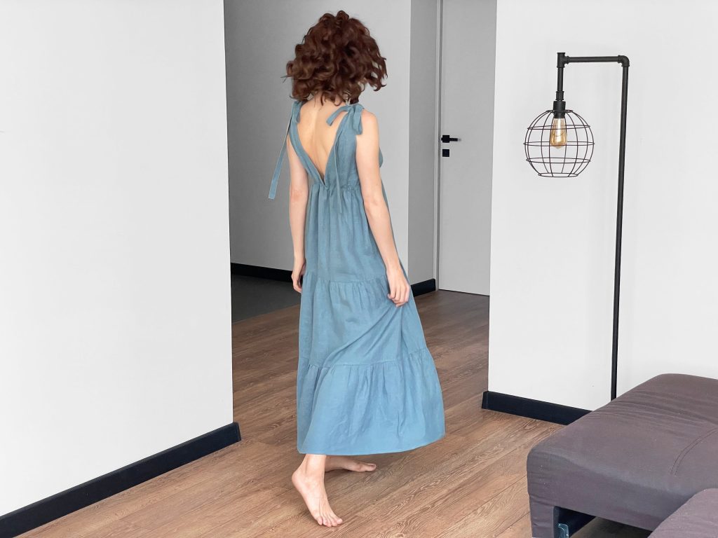 Natural Linen Dress Summer Beach Loose Blue Grey
