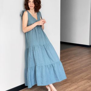 Natural Linen Dress Summer Beach Loose Blue Grey