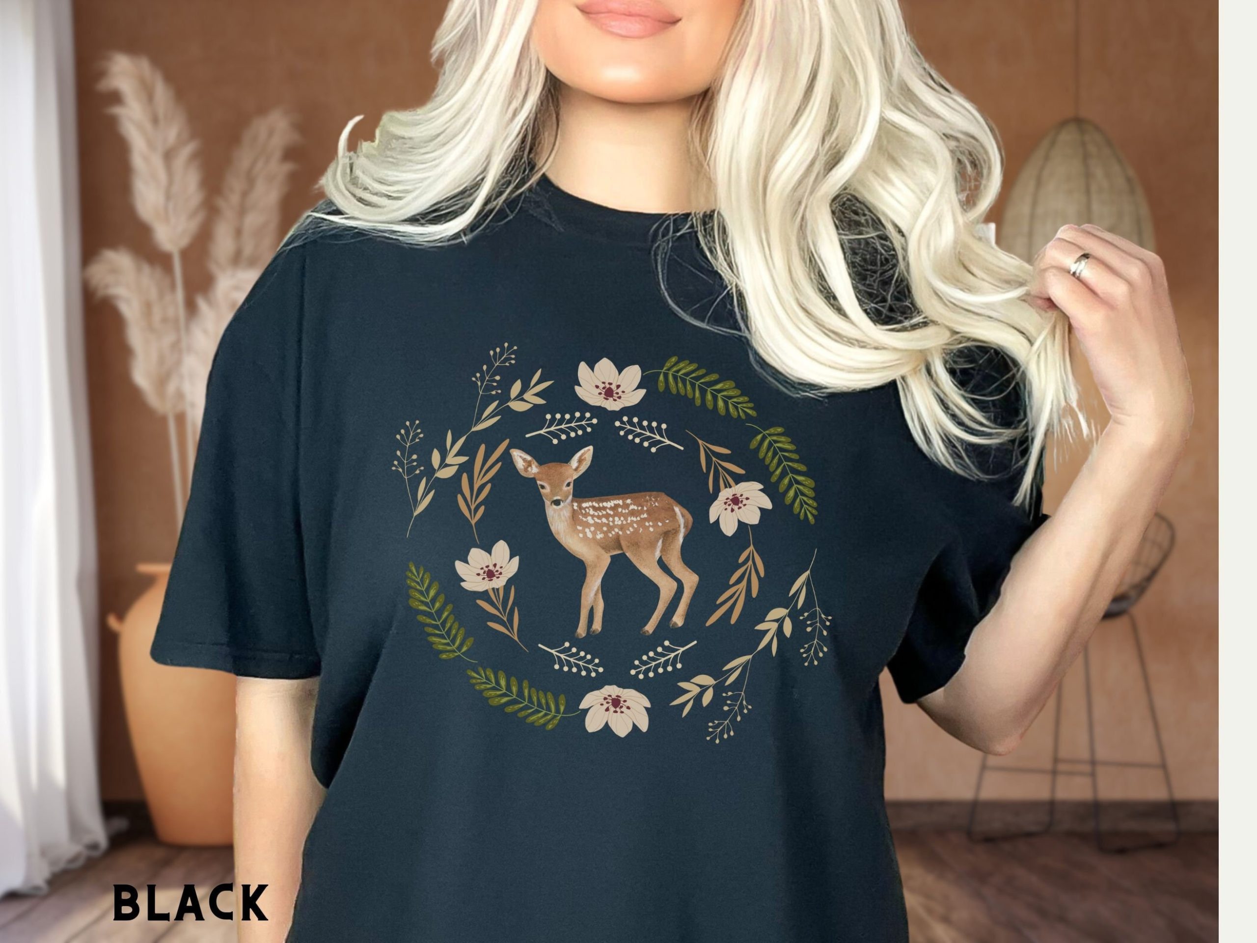 Fawn Cottagecore T Shirt: Woodland Deer Botanical Design