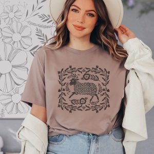 Vintage Linocut Sheep T Shirt Floral Animal Design