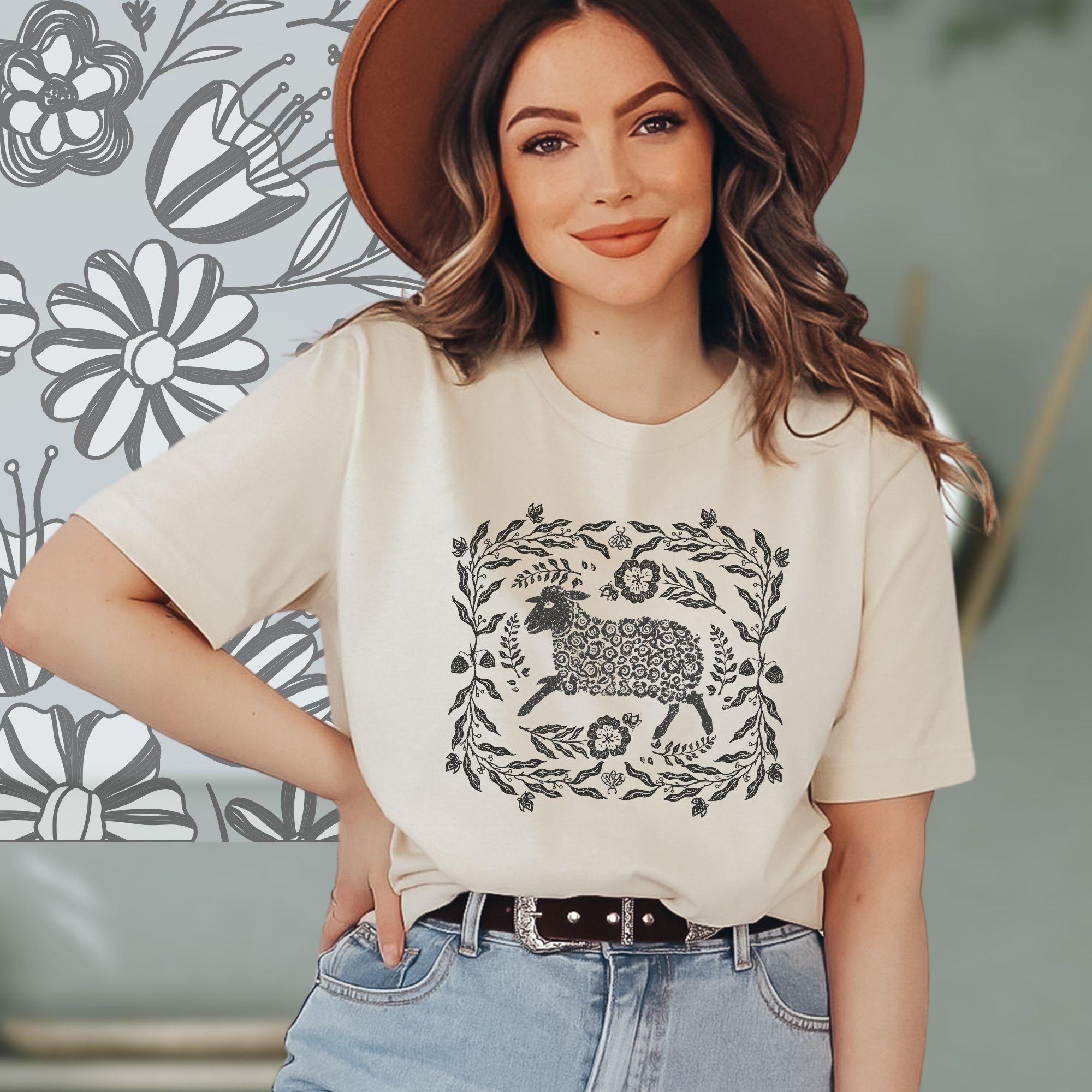 Vintage Linocut Sheep T Shirt Floral Animal Design