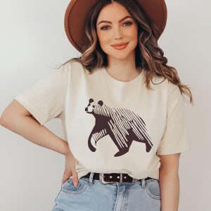 Vintage Bear Linoprint Style T Shirt Forestcore Wildlife