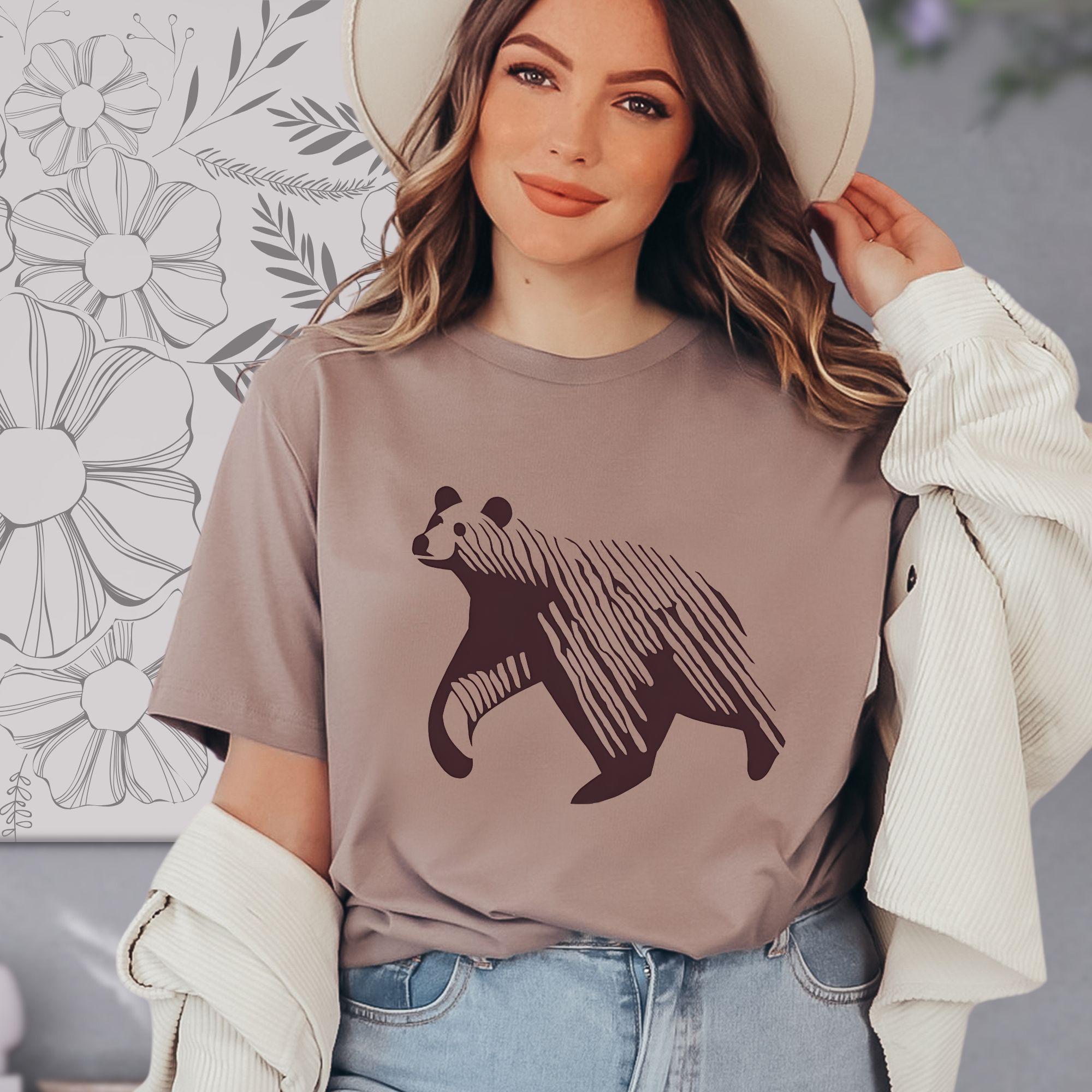 Vintage Bear Linoprint Style T Shirt Forestcore Wildlife