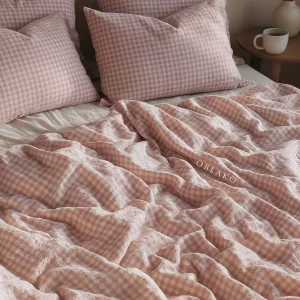 Pink Gingham Washed Cotton Duvet Cover Set: Wrinkleresist
