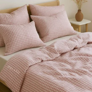 Pink Gingham Washed Cotton Duvet Cover Set: Wrinkleresist