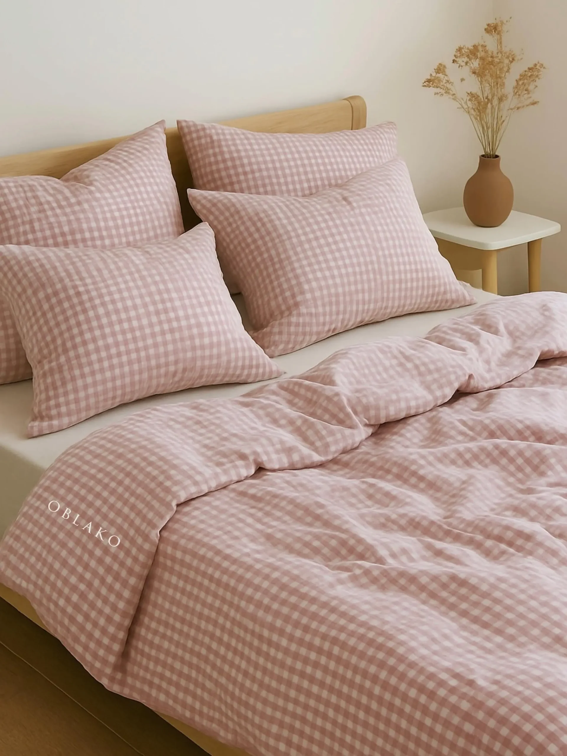 Pink Gingham Washed Cotton Duvet Cover Set: Wrinkleresist