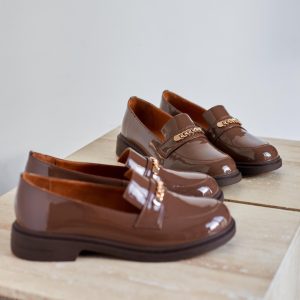 Brown Patent Loafers Women's Office Shoes Classic Chain