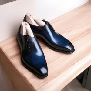 Handmade Blue Leather Oxford Brogue Shoes: Men's Formal