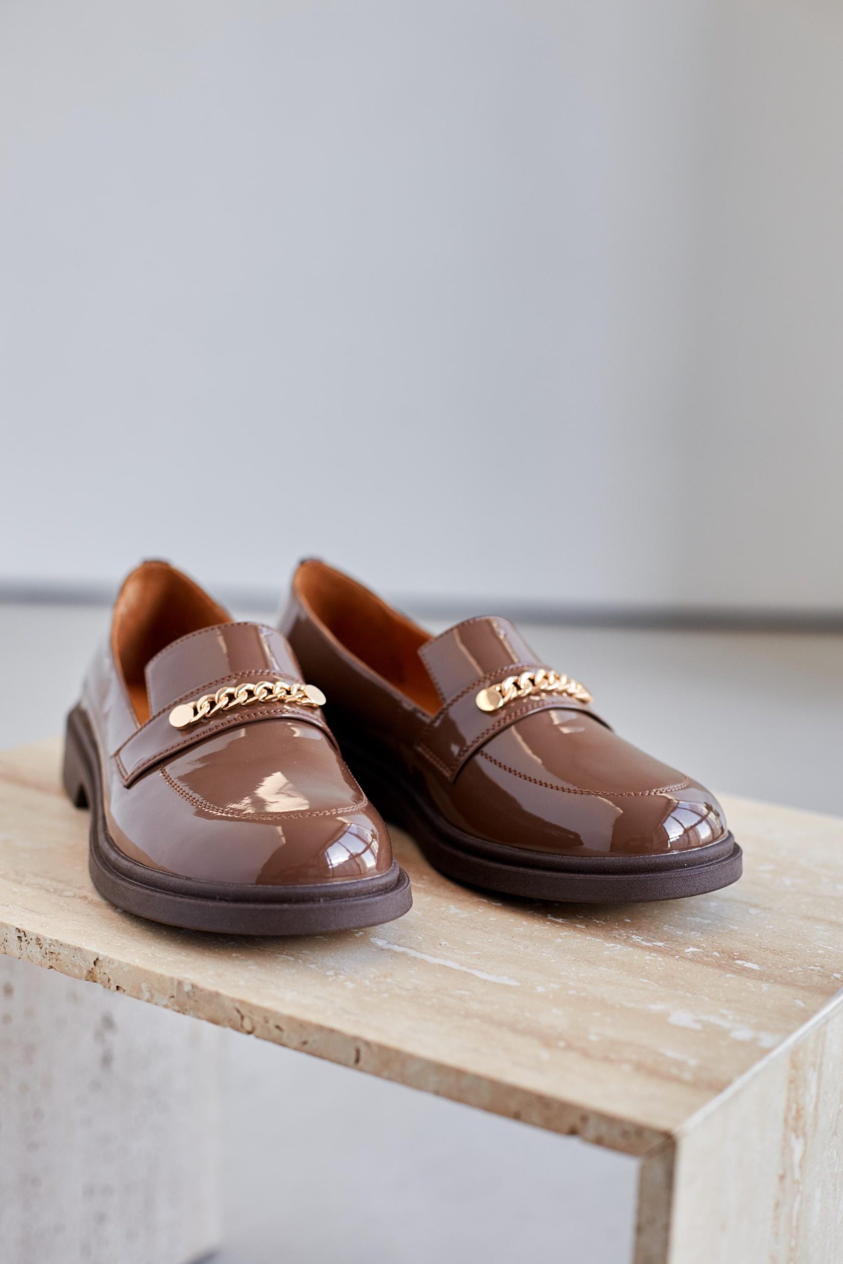 Brown Patent Loafers Women's Office Shoes Classic Chain